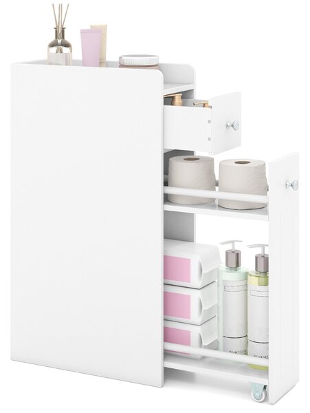 Costway Armadietto da bagno stretto a 4 ripiani con cassetti estraibili, Armadietto da bagno armadio da bagno Bianco