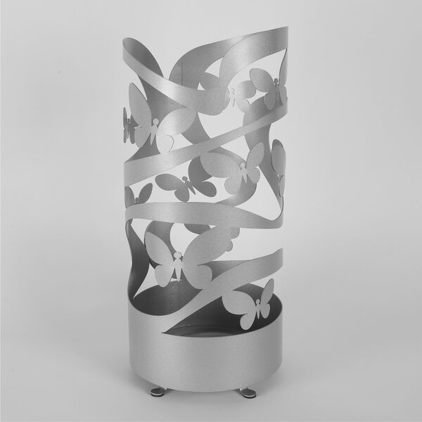 Porta ombrelli design moderno Struttura in metallo tagliata al laser FARFALLE Dimensioni 25x25xh 57 cm con piedini rialzati e vaschetta raccogli acqua Colore Argento Metallizzato