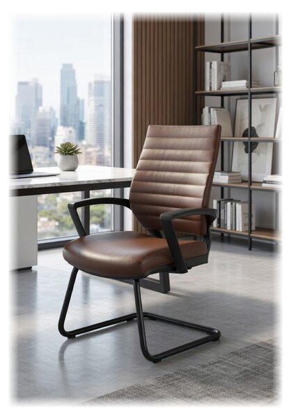 Sedia da ufficio moderna, color marrone, con schienale ergonomico e struttura in metallo