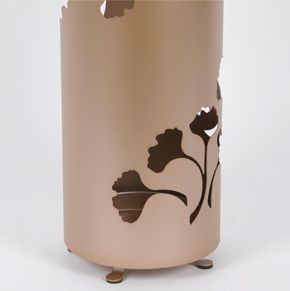 Portaombrelli moderno Struttura in metallo tagliata al laser GINKGO Dimensioni 20x20xh 60 cm con piedini rialzati e vaschetta raccogli acqua colore Oro Metallizzato