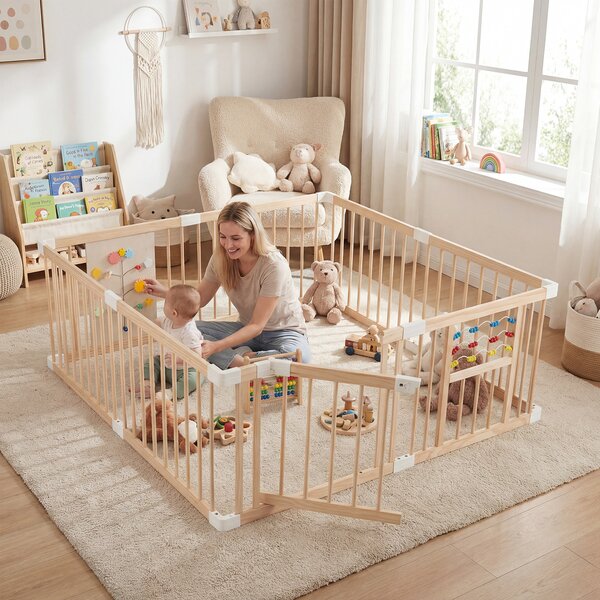 Costway Box per bambini in legno con contare le perline e montessori busy board, Recinto neonato blocco di sicurezza per cameretta Naturale