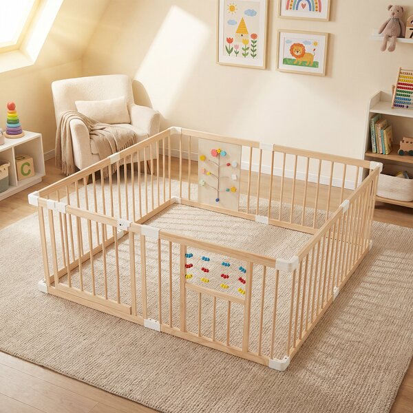 Costway Box per bambini in legno con contare le perline e montessori busy board, Recinto neonato blocco di sicurezza per cameretta Naturale