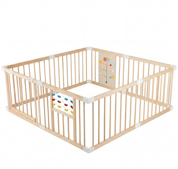 Costway Box per bambini in legno con contare le perline e montessori busy board, Recinto neonato blocco di sicurezza per cameretta Naturale