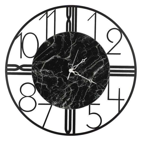 Orologio da parete in Metallo RUOTA in Marmo CARRARA con quadrante nero Dimensioni 52xh 52cm lancette ARGENTO colore Nero Pastello