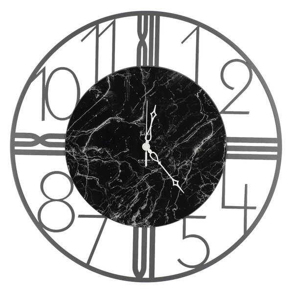Orologio da parete in Metallo RUOTA in Marmo CARRARA con quadrante nero Dimensioni 52xh 52cm lancette ARGENTO colore GRIGIO