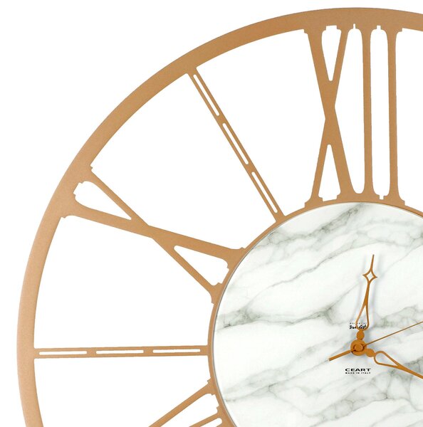 Orologio da parete Numeri Romani in Metallo RUOTA SMALL Dimensioni 50xh 50 cm in Marmo CARRARA con quadrante in Vetro marmorizzato lancette ORO colore Oro Metallizzato