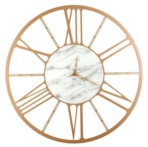 Orologio da parete Numeri Romani in Metallo RUOTA SMALL Dimensioni 50xh 50 cm in Marmo CARRARA con quadrante in Vetro marmorizzato lancette ORO colore Oro Metallizzato
