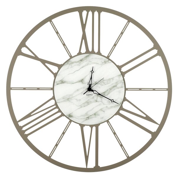 Orologio da parete Numeri Romani in Metallo RUOTA SMAL Dimensioni 50xh 50 cm in Marmo CARRARA con quadrante in Vetro marmorizzato lancette Nere colore Tortora pastello