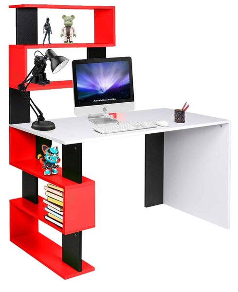 Scrivania Libreria 7 Ripiani Tavolo Porta Pc Computer Legno Casa Ufficio Rosso