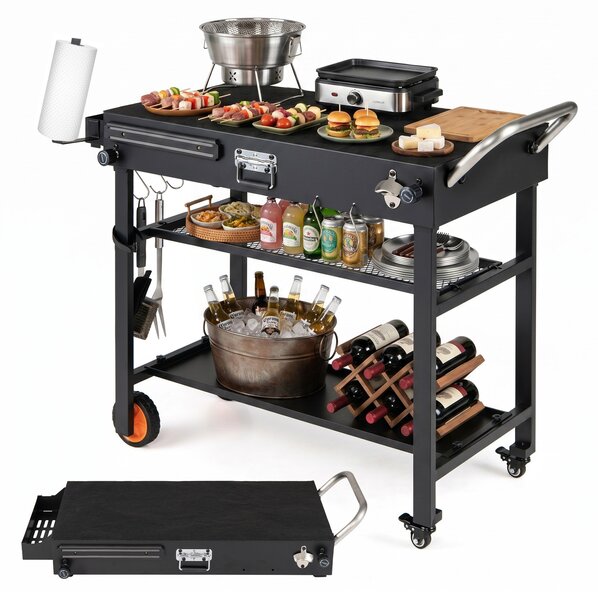 Costway Carrello per barbecue pieghevole metallo resistente al calore, Isola cucina esterna 3 ripiani ruote maniglie 109x46x87cm