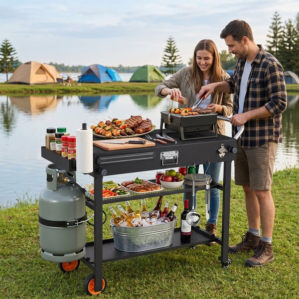 Costway Carrello per barbecue pieghevole metallo resistente al calore, Isola cucina esterna 3 ripiani ruote maniglie 109x46x87cm
