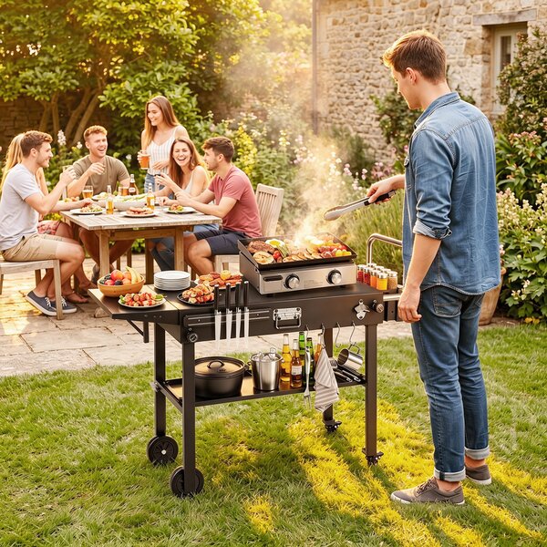 Costway Carrello barbecue pieghevole 4 ruote con portaspezie e magnete, Tavolo da griglia per giardino con apribottiglie e ganci
