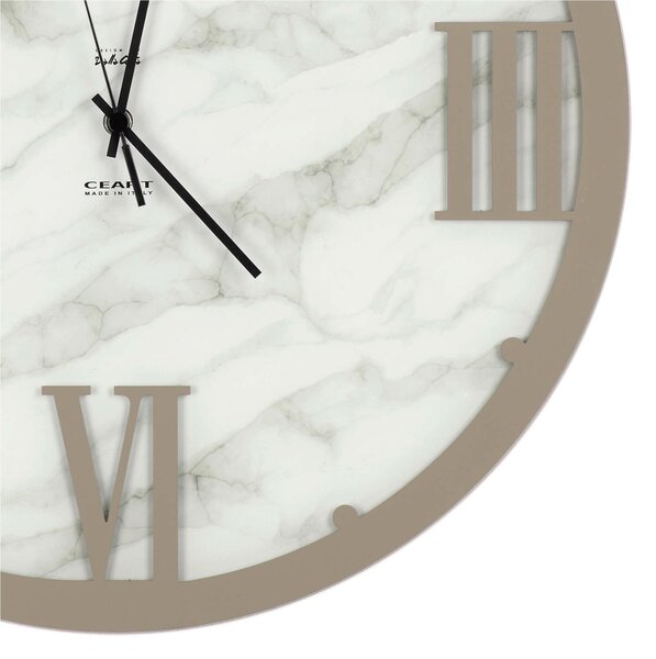 Struttura in vetro marmorizzato LUXUR con applicazione Marmo con quadrante in Vetro marmorizzato Dimensioni 45xh 45 cm lancette ORO colore Tortora