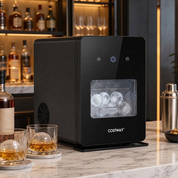 Costway Macchina per ghiaccio sferico nera 50mm 1,6L autopulente, Ghiacciera da tavolo per whisky con finestra e 150 sfere/giorno