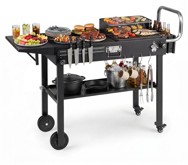 Costway Carrello barbecue pieghevole 4 ruote con portaspezie e magnete, Tavolo da griglia per giardino con apribottiglie e ganci
