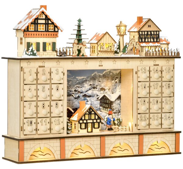 Calendario dell'Avvento 44x10x37 cm 24 Cassetti con Villaggio di Natale e Luci in Legno