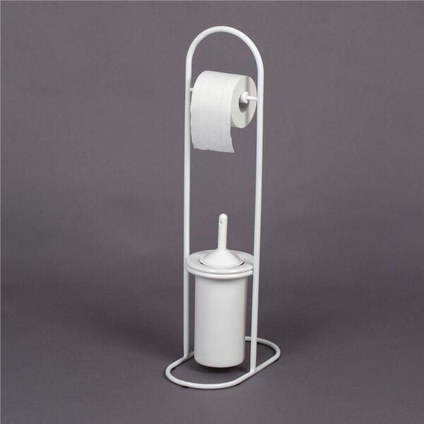 Piantana Porta rotolo e Porta scopino in Ferro Battuto Dimensioni 38x18xh 76 cm portascopino in ceramica, colore Bianco Pastello