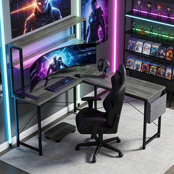 ZELURXX Scrivania da gaming a L con illuminazione a LED, prese di corrente e porte USB, grigia
