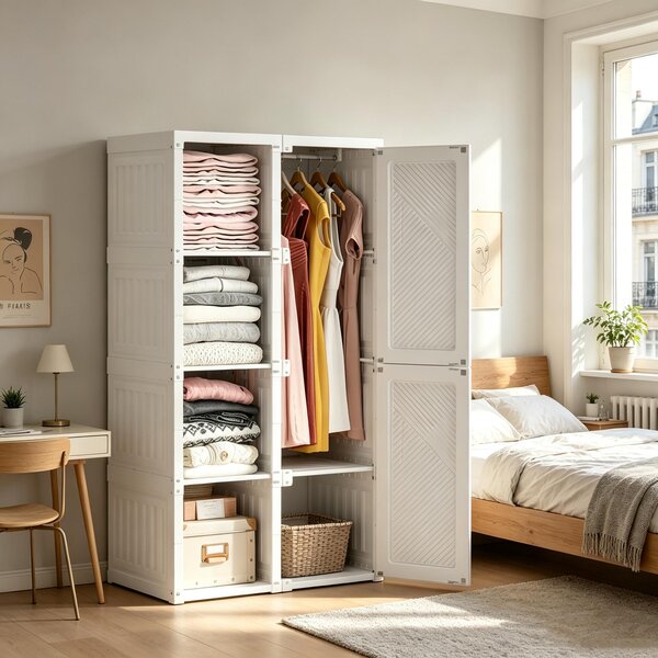 Armadio INONEFT con 6 ante magnetiche e barra appendiabiti, armadio pieghevole multifunzionale, armadio per ingresso, soggiorno o camera da letto, bianco