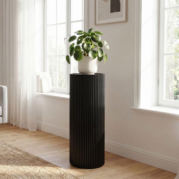 WOHNLING, colonna decorativa in legno massello di acacia, 80 cm, colonna in legno rotonda, nera, design, colonna per fiori, alta, in legno, fioriera, per il soggiorno, elemento decorativo, massiccio, artigianale