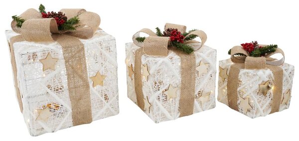 Set 3 Pacchi di Natale con LED in Plastica Oro con Stelle