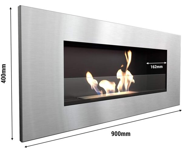 Biocamino Da Parete DELTA 2 con con vetro temperato protettivo Dimensioni 90x14,2x h40 cm - peso 13,31 kg colore argento metallizzato