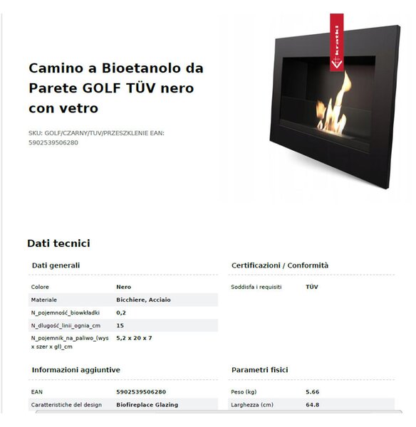 Biocamino Da Parete GOLF VERDICAL TUV CON VETRO Dimensioni 64,8x14,4x h37,4cm - peso 5,6 kg colore NERO
