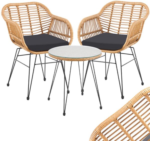 Set Arredo Giardino in Rattan con Tavolino Ripiano in Vetro e 2 Sedie da Esterno