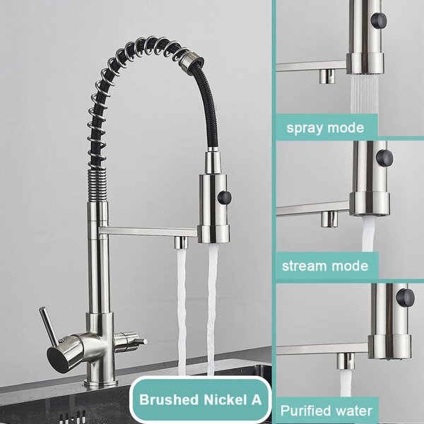 Miscelatore da cucina con filtro per l'acqua - Miscelatore per lavello SA803 - Rotazione a 360° - Doccetta estraibile - Acqua calda e fredda - 2 maniglie - Installazione monoblocco - Finitura in nichel spazzolato