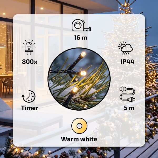 BRILAGI - Catena luminosa natalizia LED da esterno 800 LED, 21 m, IP44, bianco caldo
