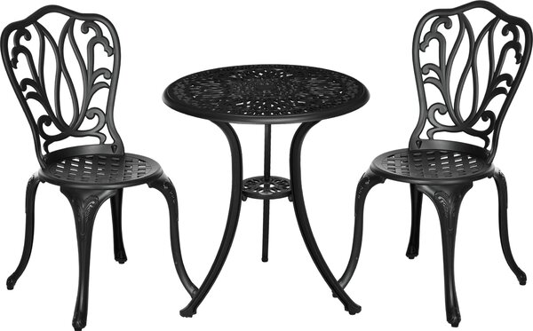 Set 3 Pezzi da Giardino con 2 Sedie e Tavolino in Vetro con Foro per Ombrellone in Alluminio Nero