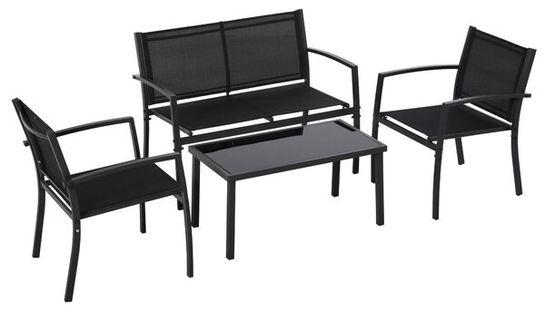 Set Salotto da Giardino Divano 2 Poltrone e Tavolino in Metallo e Tessuto Nero