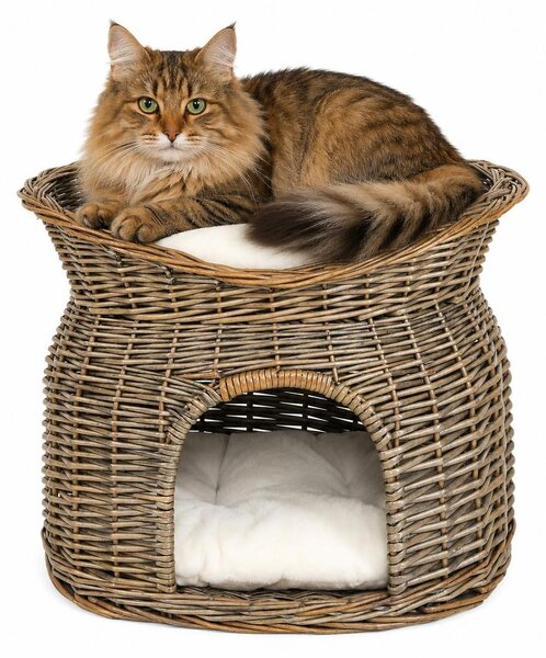 Cesto per gatti lionto, cesto in vimini con grotta e tettoia, inclusi 2 cuscini, stabile e sostenibile, 55x39x43 cm, grigio
