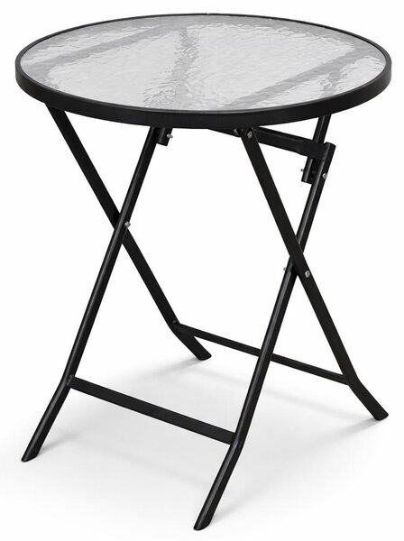Tavolo Pieghevole Rotondo da Esterno Ø60x71cm con Struttura in Acciaio e Piano in Vetro Nero