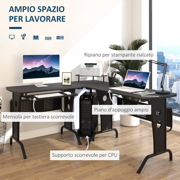 HOMCOM Scrivania Angolare per Computer con vassoio per tastiera supporto per CPU in acciaio MDF per casa ufficio nero|Aosom