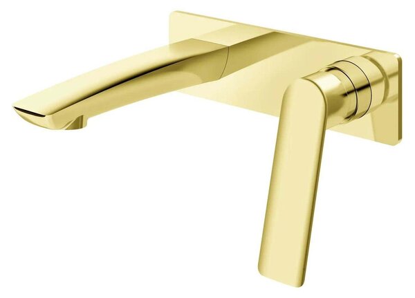 Miscelatore per lavabo da parete con sistema di scarico a click-clack, modello DESSO ORO, finitura oro