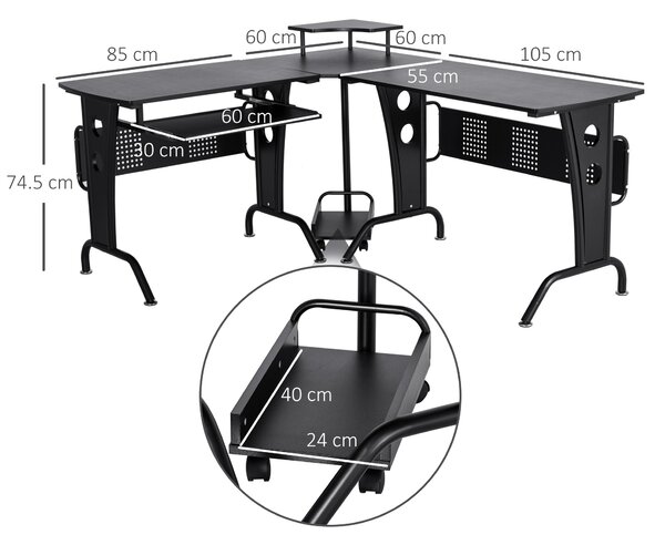 HOMCOM Scrivania Angolare per Computer con vassoio per tastiera supporto per CPU in acciaio MDF per casa ufficio nero|Aosom