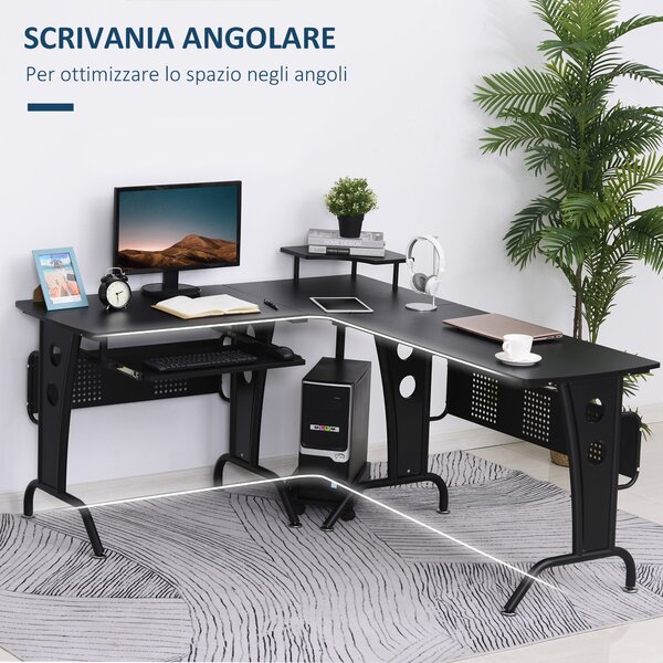 HOMCOM Scrivania Angolare per Computer con vassoio per tastiera supporto per CPU in acciaio MDF per casa ufficio nero|Aosom