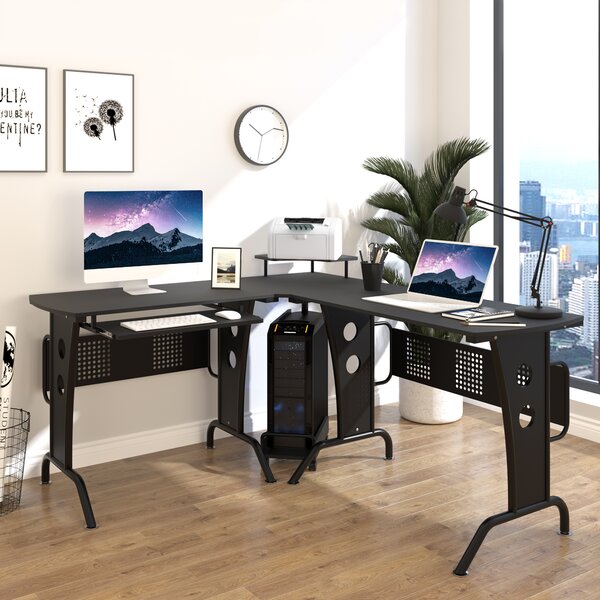 HOMCOM Scrivania Angolare per Computer con vassoio per tastiera supporto per CPU in acciaio MDF per casa ufficio nero|Aosom