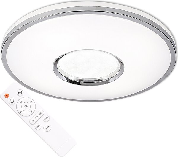Plafoniera LED rotonda con telecomando LEON, bianco cromato, 68 W, tonalità di bianco, 7500 lm, plastica, dimensioni: 8,5 x 49 x 49 cm, IP44, Polux