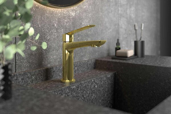 Miscelatore per lavabo con sistema di scarico a click-clack, modello DESSO ORO, finitura oro