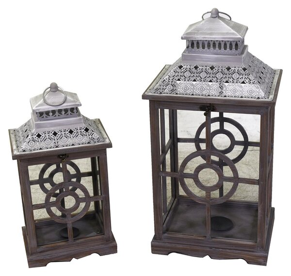 Set 2 Lanterne in Legno in Metallo grigio chiaro rettangolare