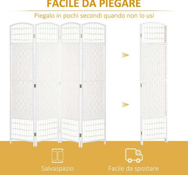 HOMCOM Paravento a 4 Ante Pieghevole per Interni, Autoportante e Intrecciato, 160x170 cm, Bianco