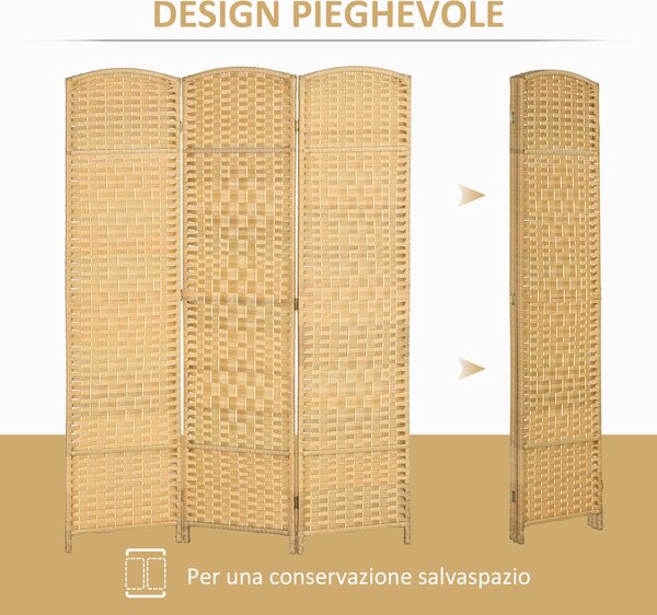 HOMCOM Paravento 3 Ante Pieghevole per Interni Autoportante e Intrecciato, 135x180 cm, Effetto Naturale