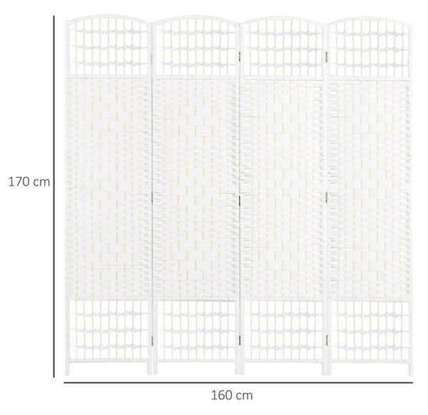 HOMCOM Paravento a 4 Ante Pieghevole per Interni, Autoportante e Intrecciato, 160x170 cm, Bianco