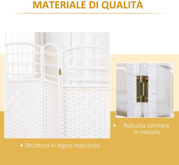 HOMCOM Paravento a 4 Ante Pieghevole per Interni, Autoportante e Intrecciato, 160x170 cm, Bianco