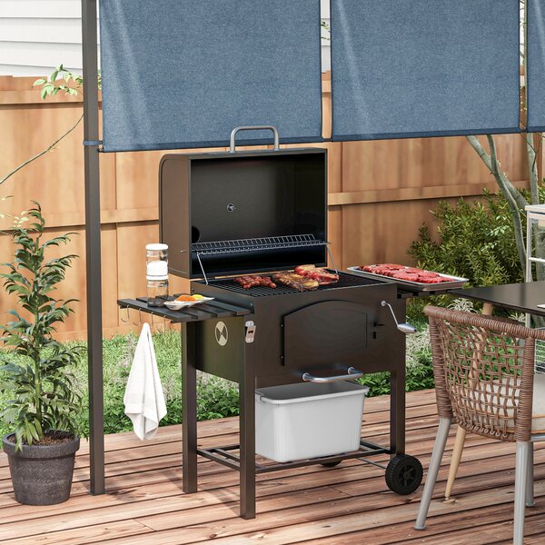 Outsunny Barbecue da Giardino a 2 Ruote con Griglia, Affumicatore e Fornello, in Metallo e Ghisa, 124x66x112 cm, Nero|Aosom