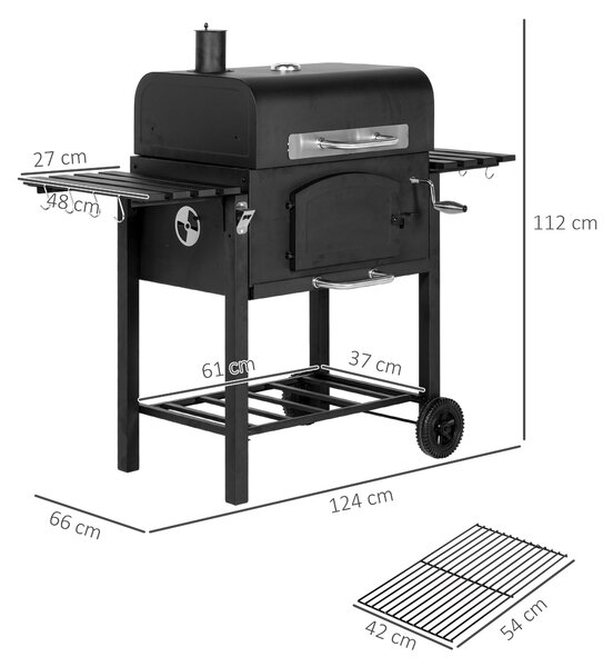 Outsunny Barbecue da Giardino a 2 Ruote con Griglia, Affumicatore e Fornello, in Metallo e Ghisa, 124x66x112 cm, Nero|Aosom