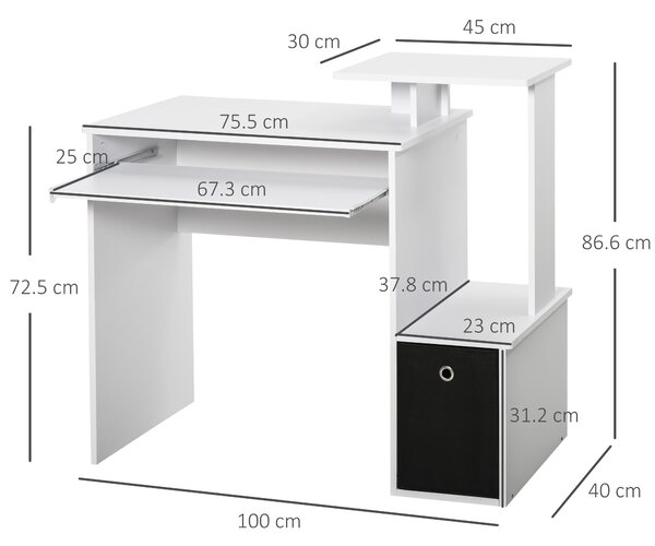 HOMCOM Scrivania Moderna con Mensola per Tastiera e Cassetto in Tessuto, 100x40x86.6cm, Bianco e Nero