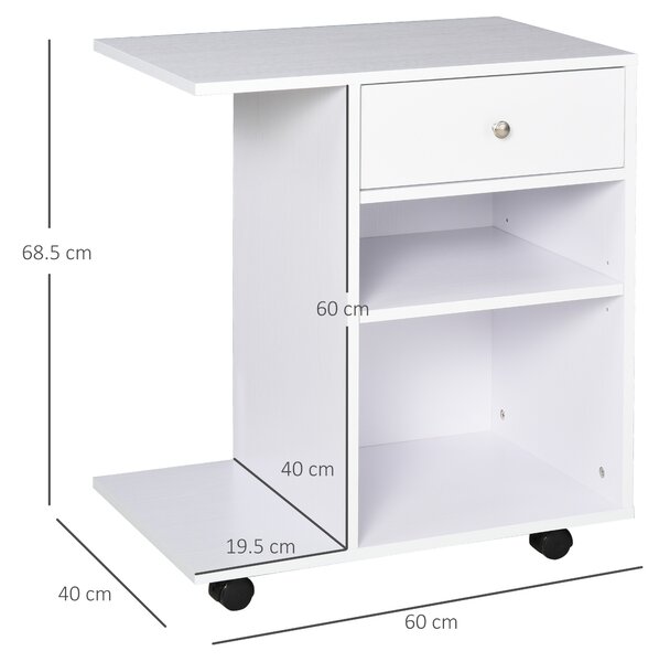 Vinsetto Mobiletto per Stampante in Legno con 4 Ruote, Mensola Regolabile e Piano per CPU, Bianco